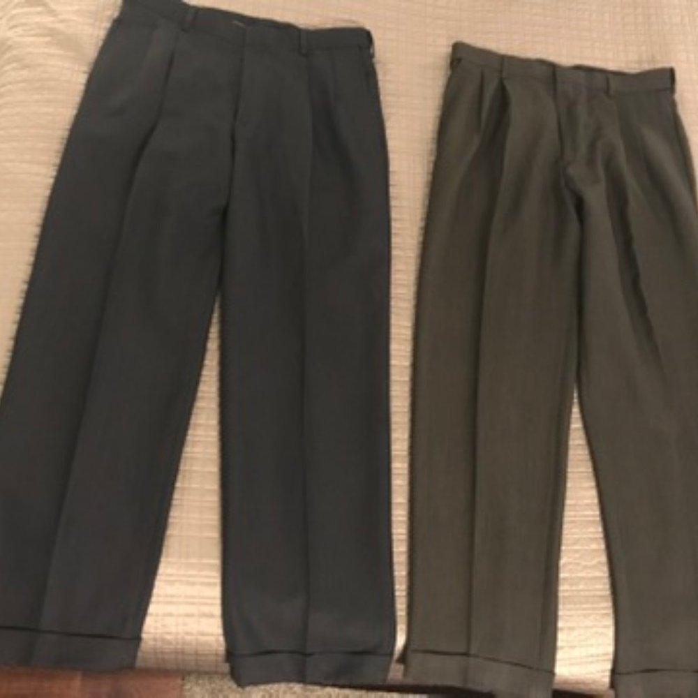 2 Pairs--Haggar Men's Dress Pant 34W X 32L, Subtle Texture Brown and Dark Grey